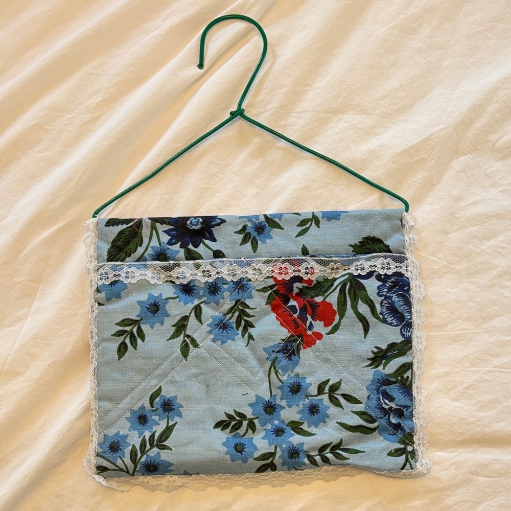 Japanese Floral Quilted Pouch with Lace Trim